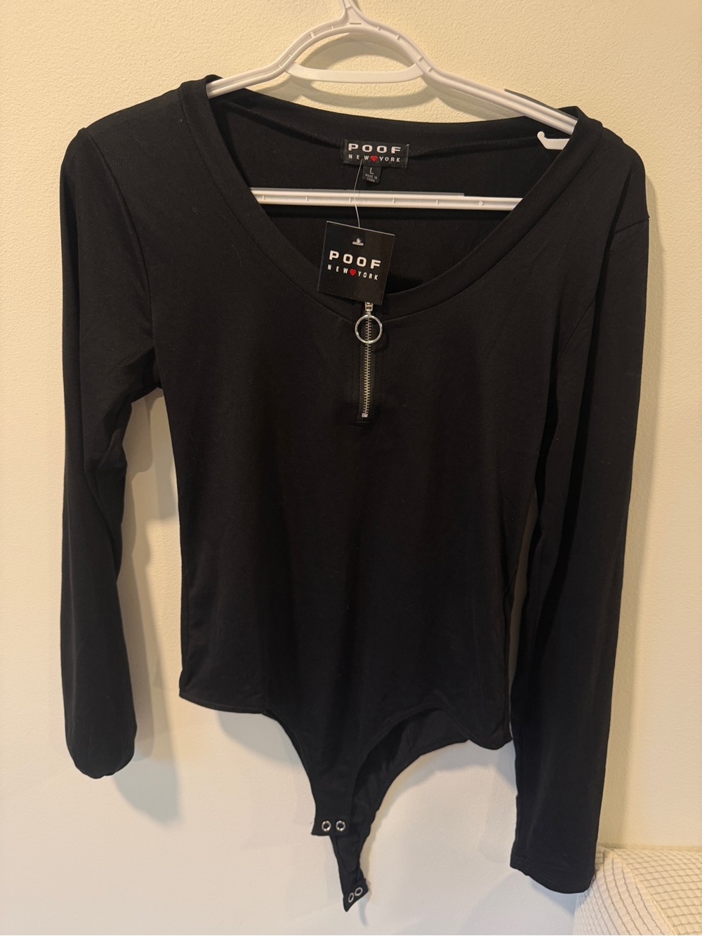 Poof! Black Long Sleeve Zip Ring Pull Bodysuit